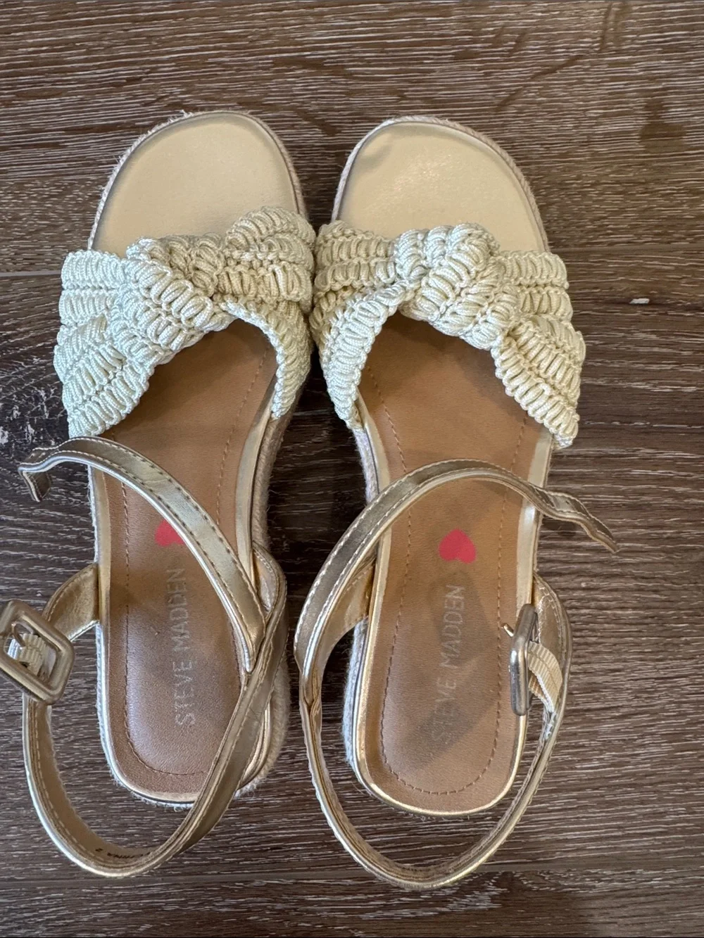 Steve Madden Gold Espadrille Sandals with Cream Crochet Bow